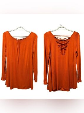 NWT Emerald Burnt Orange Boho Criss Cross Back Long Sleeve Top size small